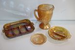 Carnival Glass Iris Heringbone Pitcher, Bowl, Plate & Divided Dish