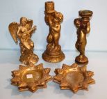 Two Cupid Candlesticks, Angel Figurine & Four Coasters