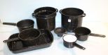 Two Enamel Roasting Pans & Four Enamel Pots