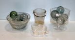Small Etched Glass Ice Bucket, Lemon Juicer, Glass Balls & Two Bowls