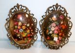 Two Brass Oval Frames with Floral Print