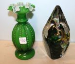 Artist Signed Sterno Glass Weight & Vintage Green Glass Vase
