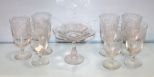 Seven Etched Glass Glasses & Etched Glass Compote