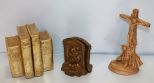 Iron Bookends, Gold Bookends & Crucifix