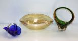 Yalos Casa Murano Signed Glass Irridescent Bowl, Blue Glass Basket & Art Glass Basket