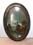 Oval Oil Painting of Windmill By The Sea Signed LaRue
