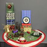  Group of Miscellaneous Christmas Items Description: Box lot of Christmas decorations, 3 boxes of small balls, star tree topper, felt tree shirt, boxes, nativity scene and various other Christmas decorations.