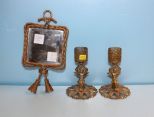  Small Beveled Glass Hanging Mirror and Two Cupid Candlesticks Mirror, 4 1/2