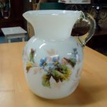 Hand Blown Pitcher Hand blown pitcher with clear handle and blue flower design 8