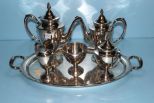 Schofield sterling six piece set. Schofield was a Baltimore based silver company (1903-1967), bought by Stieff in 1967. Set Consists of coffee pot, tea pot, sugar, creamer, waste tray, and tray.  Tray is also sterling. 24