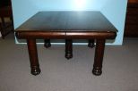 19th century square oak dining table with three leaves, unusual round legs with carved claw feet; 48