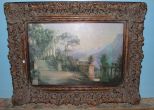 Large oil on canvas of courtyard surrounded by mountains. 50