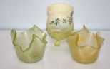 Two Murano Glass Ruffled Edge Bowls & Fenton Glass Jar