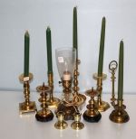 Nine Various Size Brass Candlesticks & Brass Lamp