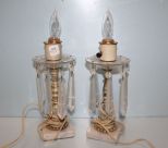 Pair Crystal Lamps with Prisms and Marble Base