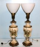 Pair Porcelain Lamps on Brass Base