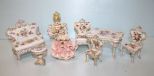 Miniature Painted Porcelain Tables, Chairs, Urn & Lady Figurine