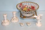 Porcelain Candlesticks, Small Birds, Reticulated Footed Bowl with Flowers & Underplate