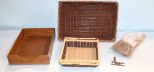 Wood Tray, Two Wicker Trays & Bag of Hinges