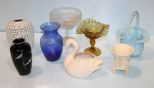 Four Glass Vases, Satin Basket, Two Compotes & Swan Planter