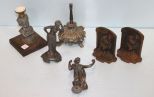 Pair of Iron Bookends & Three Figural Statues