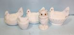 Four Hens on Nest & Owl Milk Glass Jar