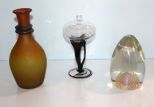 Art Glass Paperweight, Oil Lamp & Vase