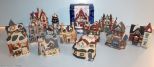 Twelve Resin Christmas Village Houses & Palm Tree in Pot