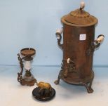 Rusted Antique Metal Coffee Pot, Small Lamp & Small Brass Elephant
