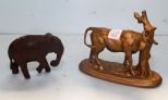 Carved Wood Elephant & Painted Gold Metal Cow by Limb