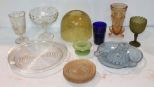 Large Glass Tray, Glass Spooners, Candlestick & Compote