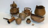 Two Brass Kettles, Handled Pot, Jar & Oval Bowl