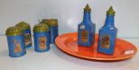 Fiesta Platter & Six Blue Glass Condiment Pieces