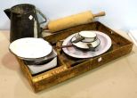 Enamel Kettle, Pans & Rolling Pin in Trunk Tray