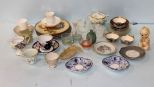 Four Porcelain Painted Plates, Cups/Saucers, Candlestick & Soapston Leaf Dish