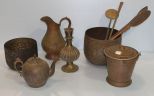 Three Brass Pots, Utensils, Pitcher, Vase & Teapot