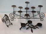 Two Iron Candleholders & Iron Wine Rack