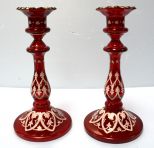 Pair 19th Century Ruby Glass Candlesticks
