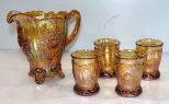 Carnival Glass Pitcher and Four Glasses