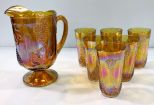 Carnival Glass Pitcher and Six Glasses