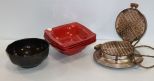 Old Waffle Iron, Four Red Bowls & Salad Bowl