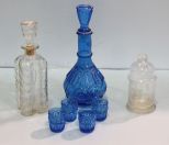 Two Decanters, Four Glasses & Covered Glass Jar