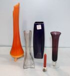 Footed Burnt Orange Vase, Blue Vase & Two Glass Vases