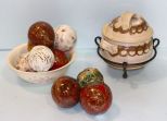 Nine Painted Ceramic Balls, Bowl & Covered Casserole on Stand