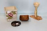 Painted Planter, Marble Candlestick & Small Wood Dish