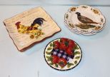 Strawberry Dish, Three Pheasant Plates & Two Rooster Trays
