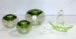 Three Green Candleholders & Small Green Depression Basket