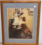 Girl and Collie Print in Oak Frame