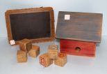 Wood School House, Early Child's Chalkboard & Six Wood Blocks