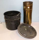 Two Granite Pots & Brass Umbrella Stand